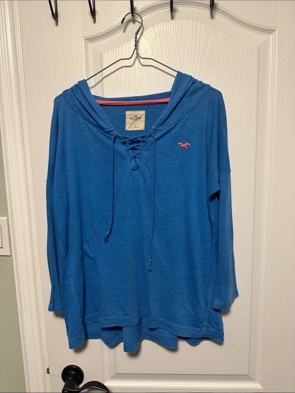Hollister Lace-Up Blue Hoodie Top with Pink Logo